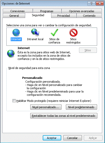 Correcta configuración del modo protegido en Internet Explorer 8