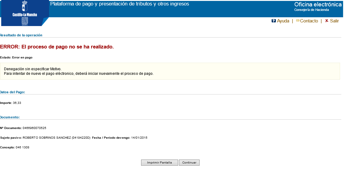 Error en el pago de la tasa. Resumen de la operacion fallida